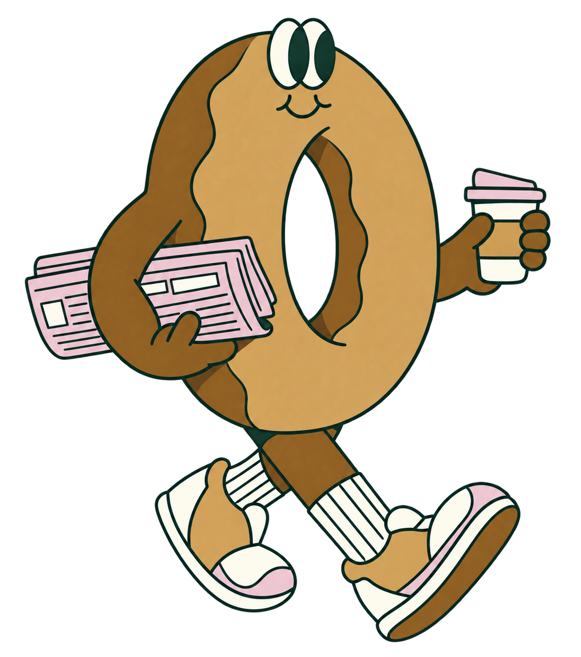 Personaje de pan de Velúa caminando con café